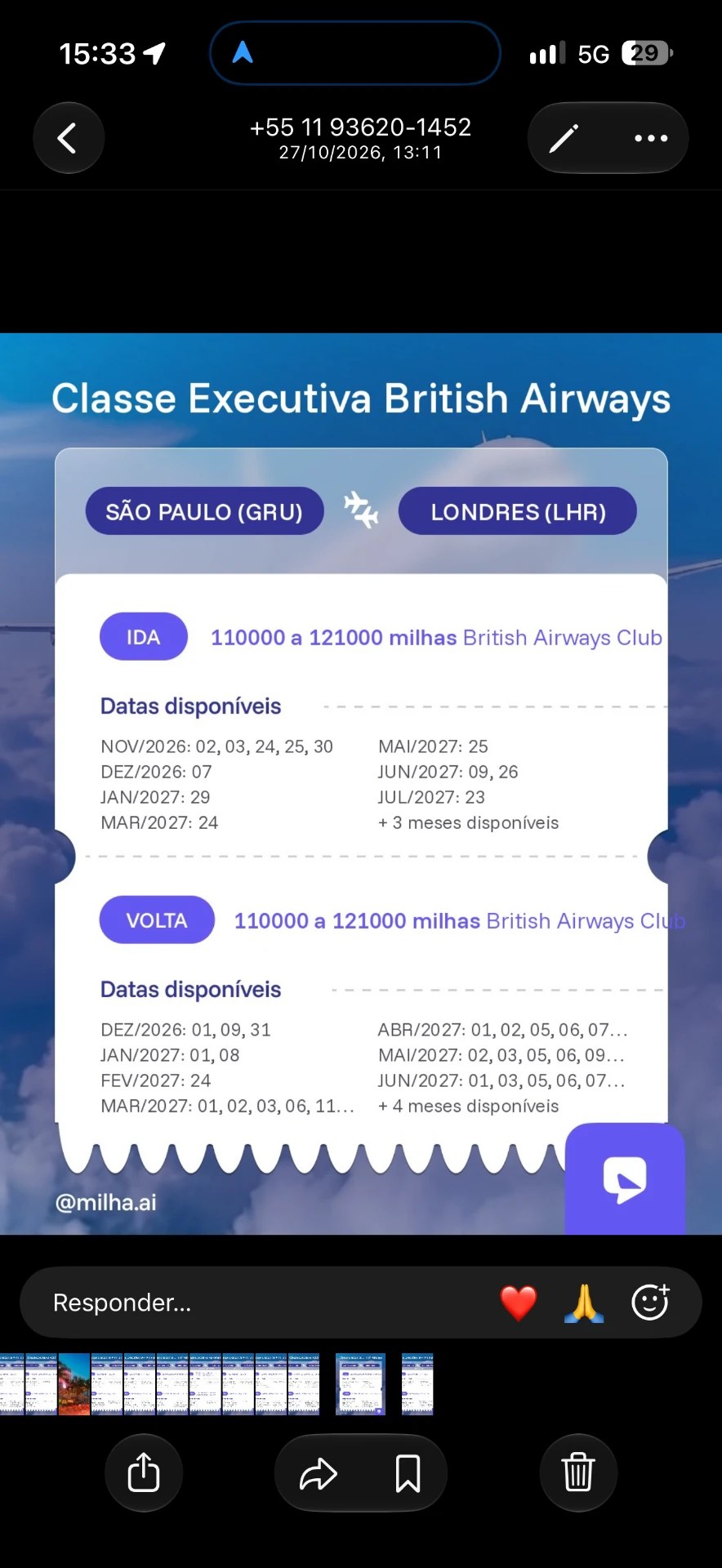 Alerta real: executiva British Airways entre São Paulo e Londres, com datas disponíveis por mês