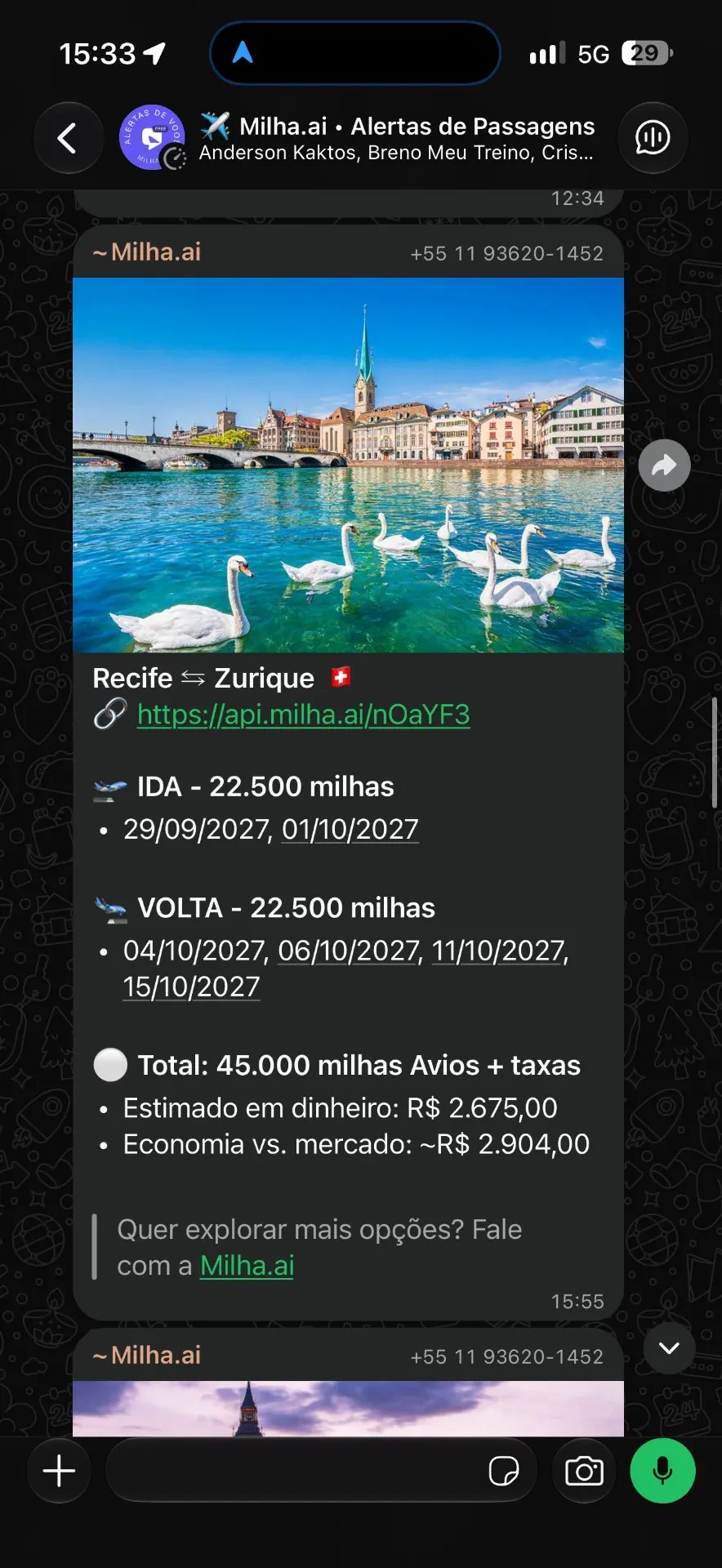 Recorte real de alerta: Recife e Zurique por 45.000 Avios ida e volta